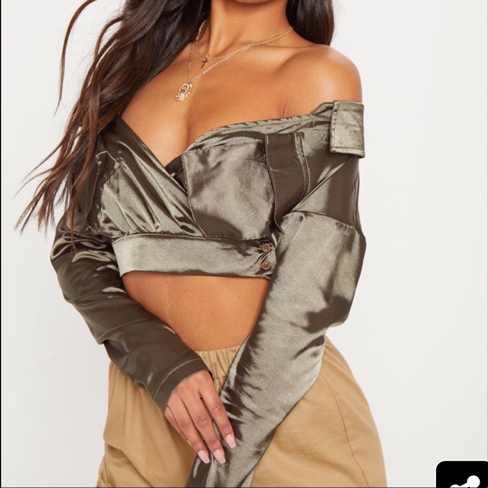 Prettylittlethings crop satin utility shirt